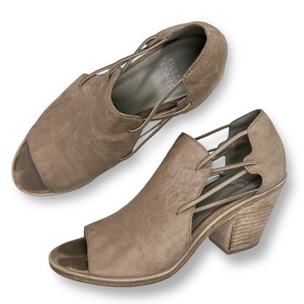 Eileen Fisher Taupe Suede Leather Peep Toe Block Heel Booties Sandals Italy‎ 7.5